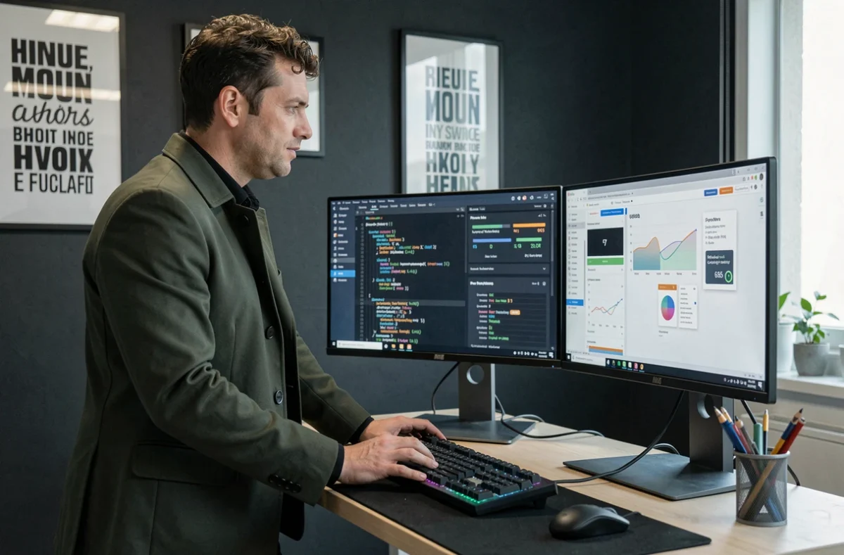 Développeur de Kwalt debout devant trois écrans affichant du code JavaScript, des tableaux de métriques et un fichier Figma dans un bureau au mur anthracite