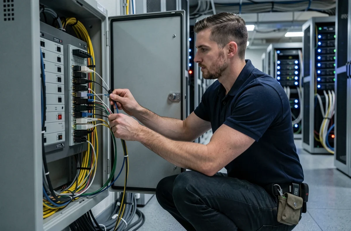 Technicien réseau Lankar câblant un panneau de brassage dans une salle serveurs professionnelle