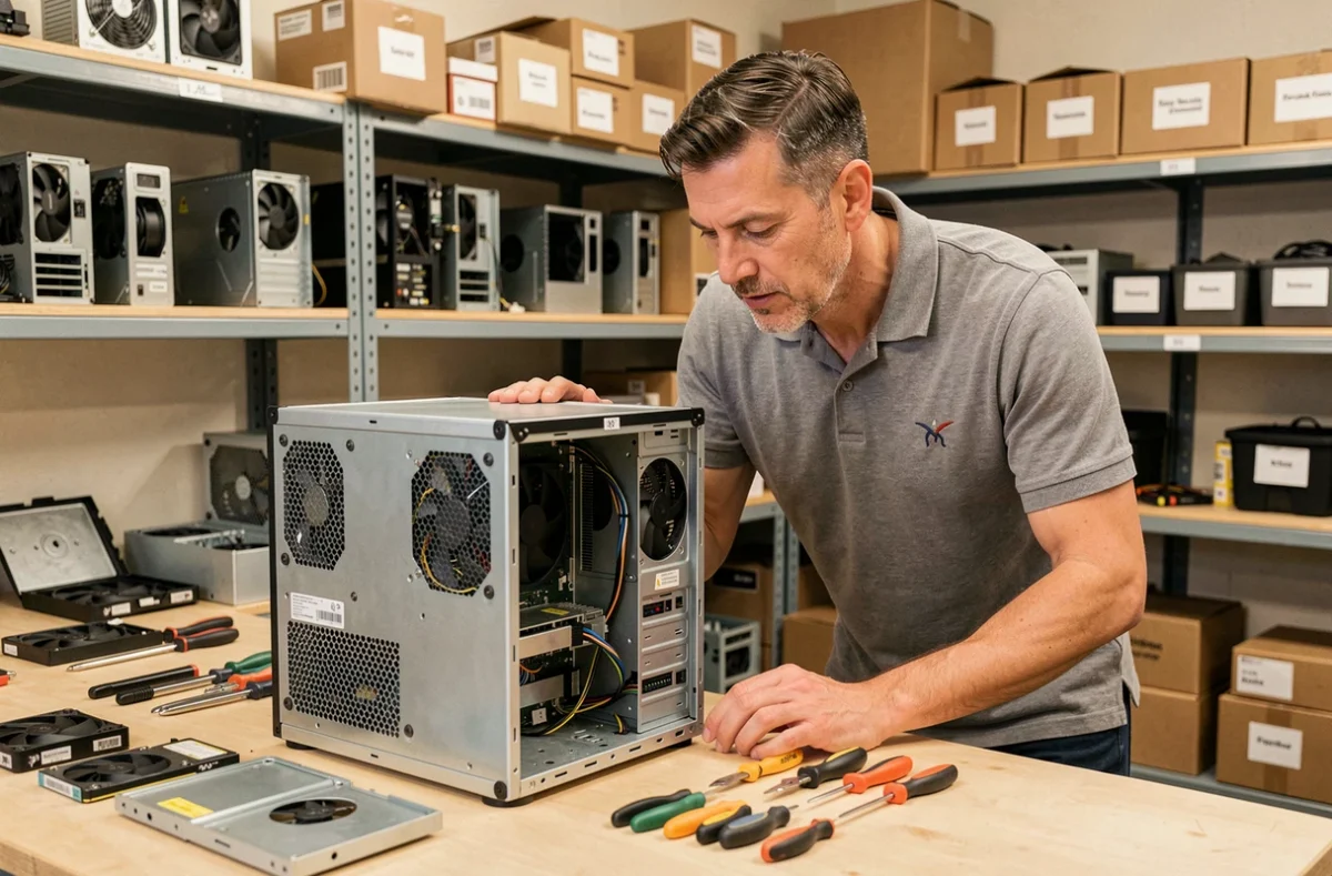 Technicien de LD Informatique 71 réparant un ordinateur de bureau dans un atelier professionnel