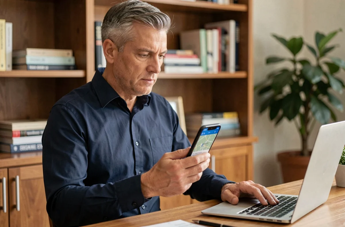 Homme consultant l'application de localisation iPhone dans un bureau à domicile pour retrouver un téléphone perdu
