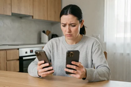 Femme tenant deux iPhones pour localiser un téléphone depuis un autre iPhone dans une cuisine moderne