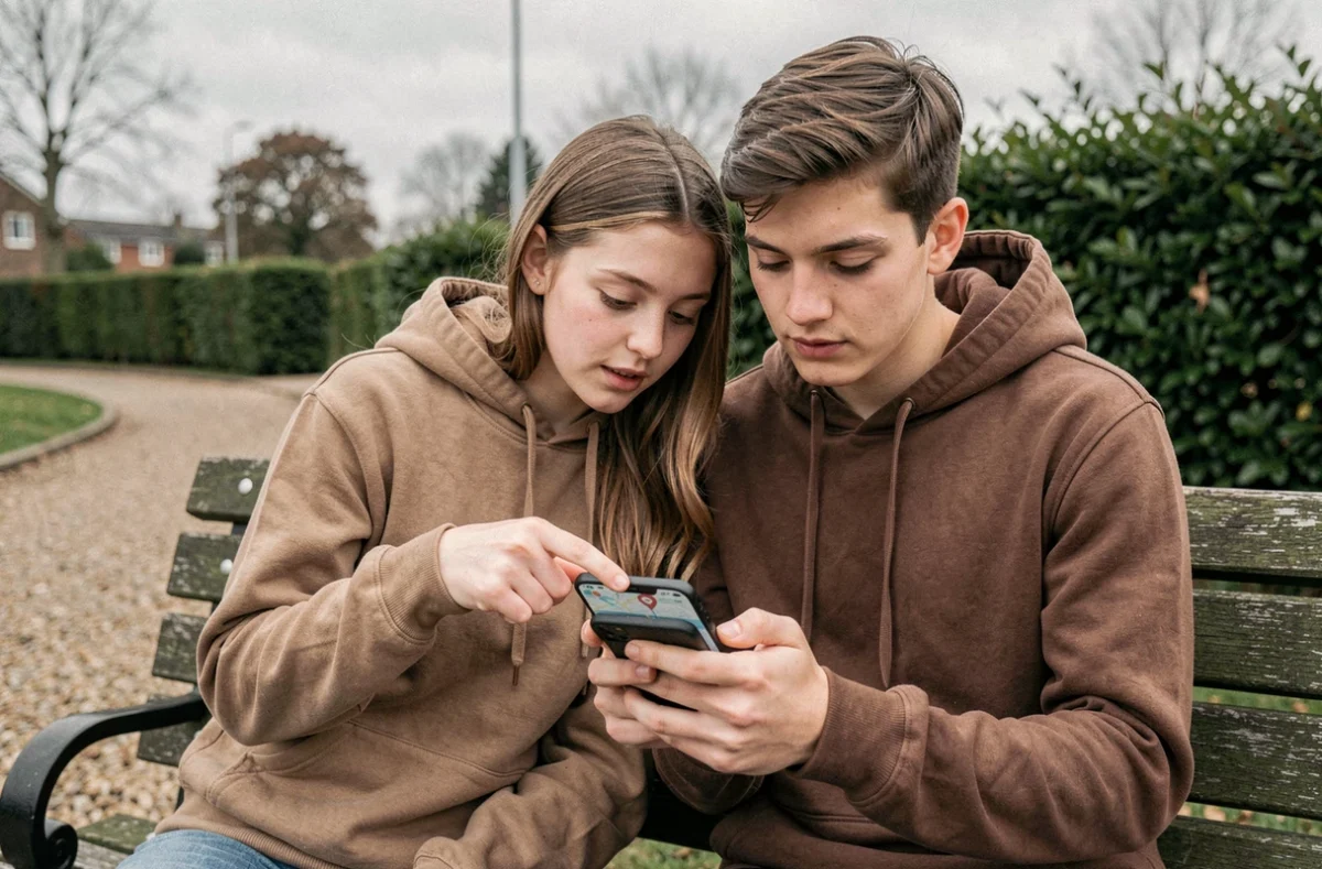 Deux adolescents regardant ensemble une carte de localisation iPhone dans un parc pour retrouver un appareil perdu