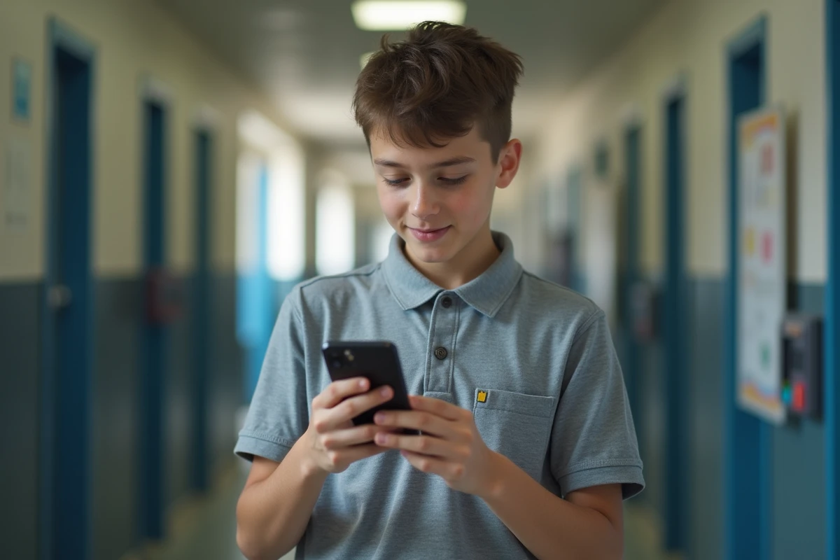 Adolescent activant les notifications ENT77 sur son smartphone dans un couloir de lycée en France