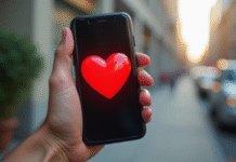 Main tenant un smartphone avec un emoji coeur rouge
