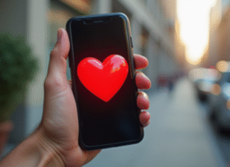Main tenant un smartphone avec un emoji coeur rouge