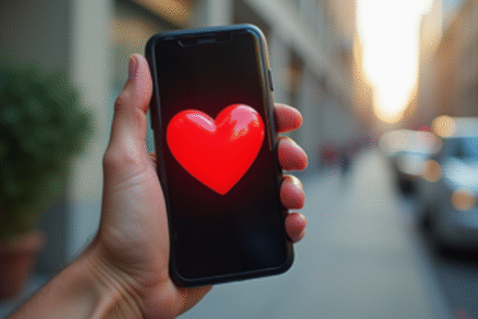 main-emoji-coeur-smartphone Main tenant un smartphone avec un emoji coeur rouge