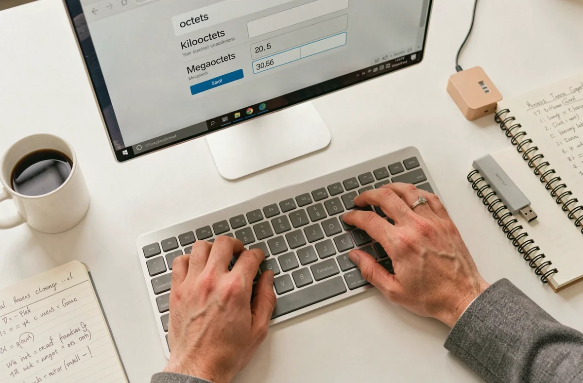 Mains tapant sur un clavier pour utiliser un convertisseur d'octets en ligne avec notes manuscrites