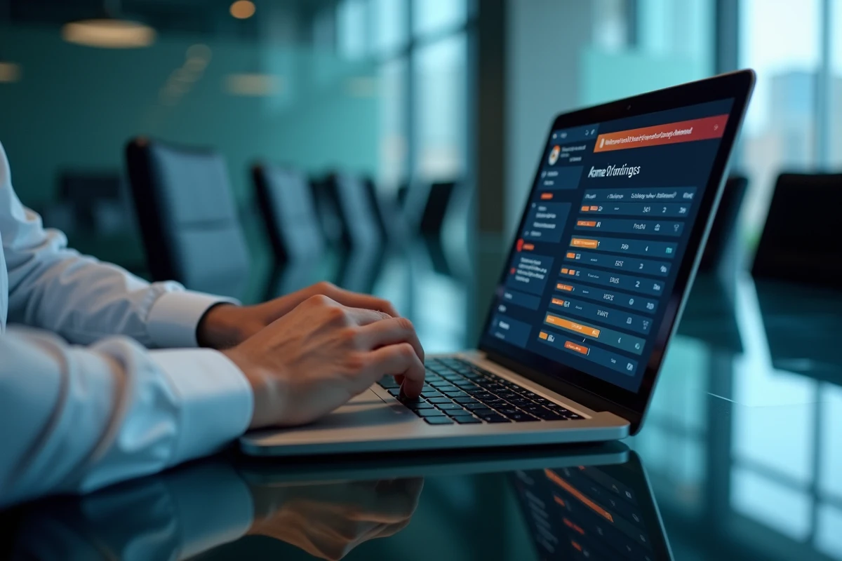 Mains d'un professionnel IT analysant des alertes de cybersécurité sur un tableau de bord GUI en salle de réunion