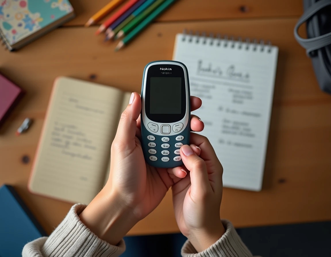 Mains d'un parent et d'un enfant tenant ensemble un Nokia 3310, symbole de confiance autour du premier téléphone sans écran addictif