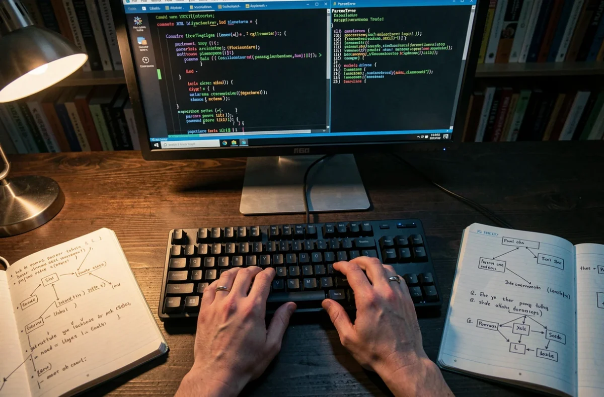 Gros plan sur les mains d'un programmeur travaillant sur un script Python pour analyser du XML avec des erreurs visibles à l'écran