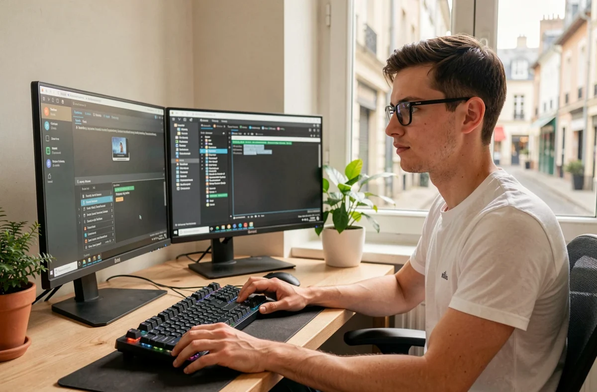 Maxime Creniaut, informaticien professionnel, travaillant sur un bureau double écran avec des outils de diagnostic