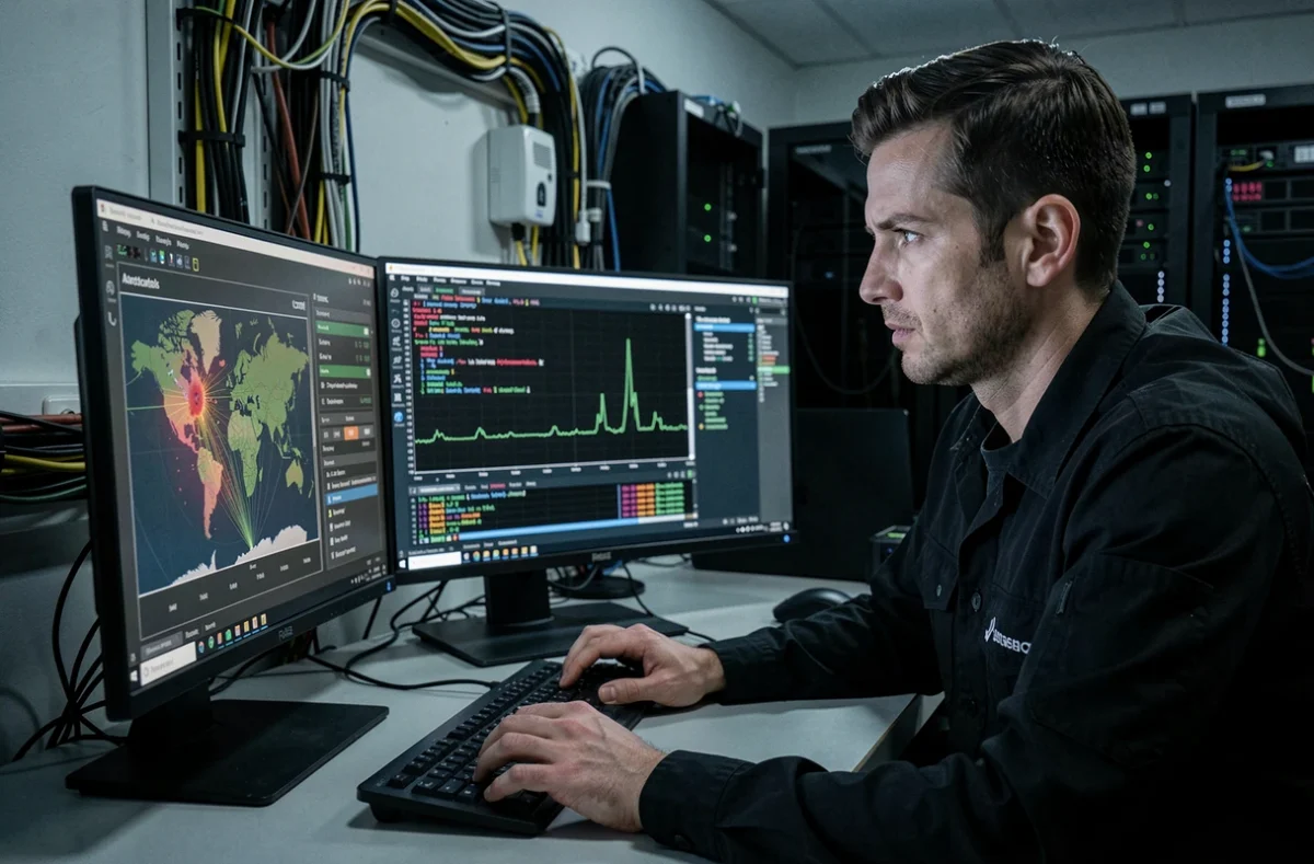 Expert en cybersécurité de Medias Plug Informatique analysant des menaces virales sur écrans doubles