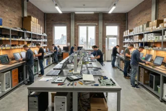 Atelier de dépannage informatique professionnel dans le Nord avec plusieurs techniciens travaillant sur des ordinateurs