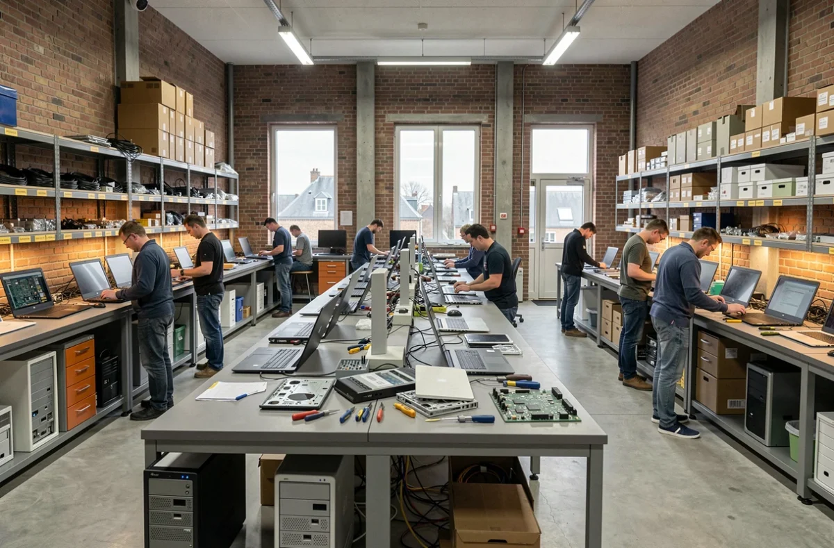 Atelier de dépannage informatique professionnel dans le Nord avec plusieurs techniciens travaillant sur des ordinateurs