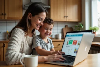 Une mère et son fils consultent ensemble un tableau de bord éducatif ENT sur un ordinateur portable dans une cuisine familiale chaleureuse