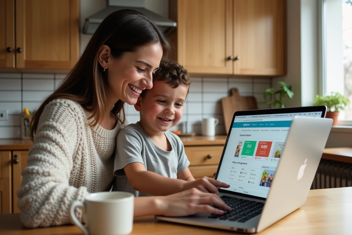 Une mère et son fils consultent ensemble un tableau de bord éducatif ENT sur un ordinateur portable dans une cuisine familiale chaleureuse