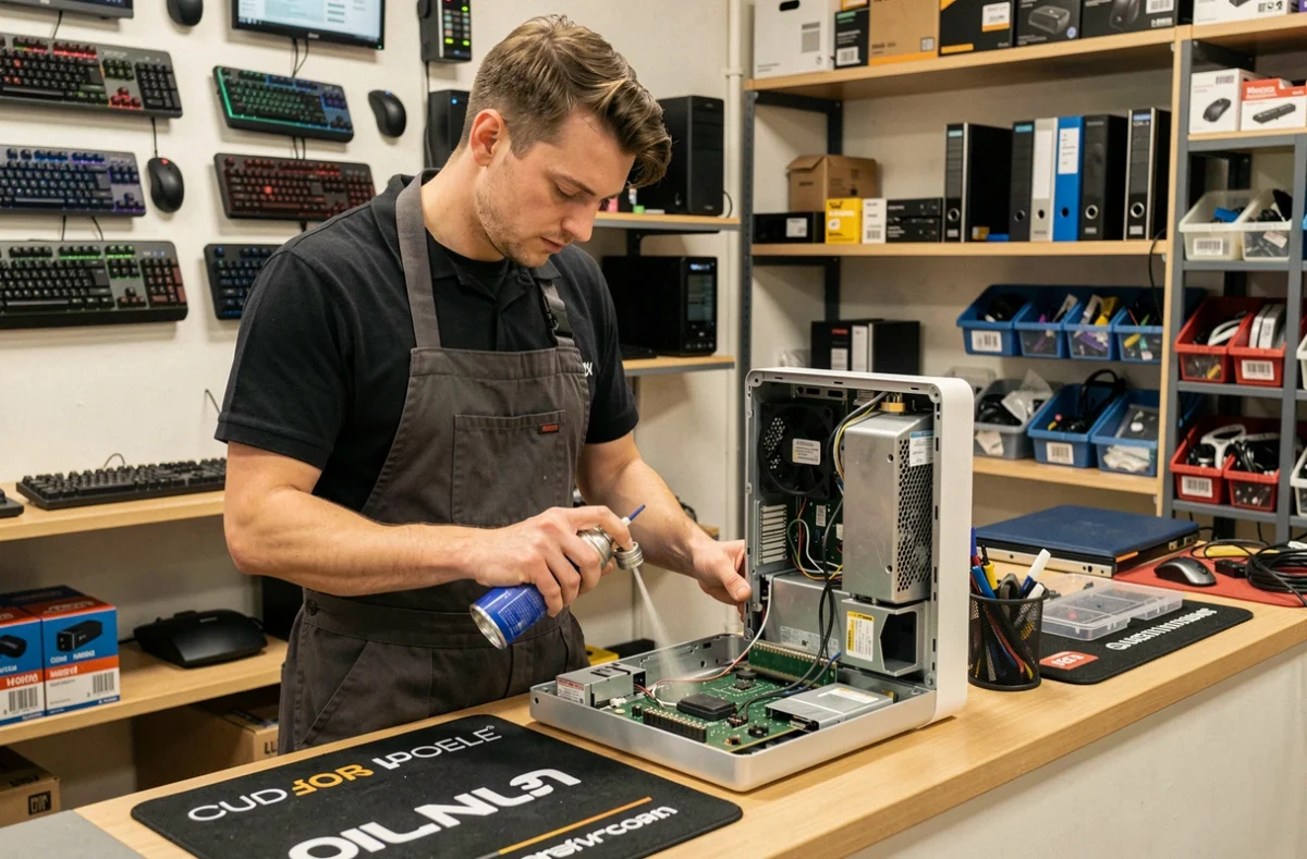 Technicien de Microsix réparant un ordinateur tout-en-un et des périphériques dans son atelier à Lille
