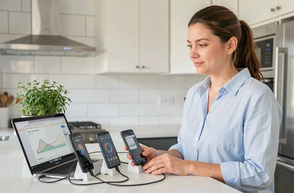 Femme transférant des données entre un Android et un Nokia Lumia 930 connectés par câble USB dans une cuisine moderne