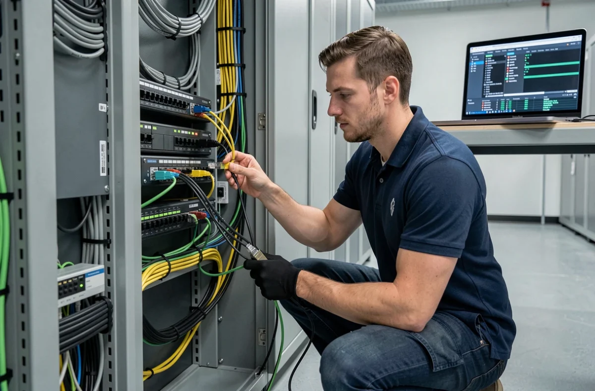 Technicien de Nebsystem configurant un réseau informatique dans une salle serveur à Lille