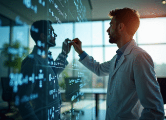 Algorithme vs Logiciel : Quelle est la différence ? Scientifique en informatique écrivant des équations dans un bureau lumineux