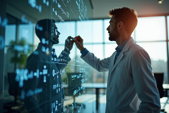 ordinateur-equations-algorithmes Scientifique en informatique écrivant des équations dans un bureau lumineux