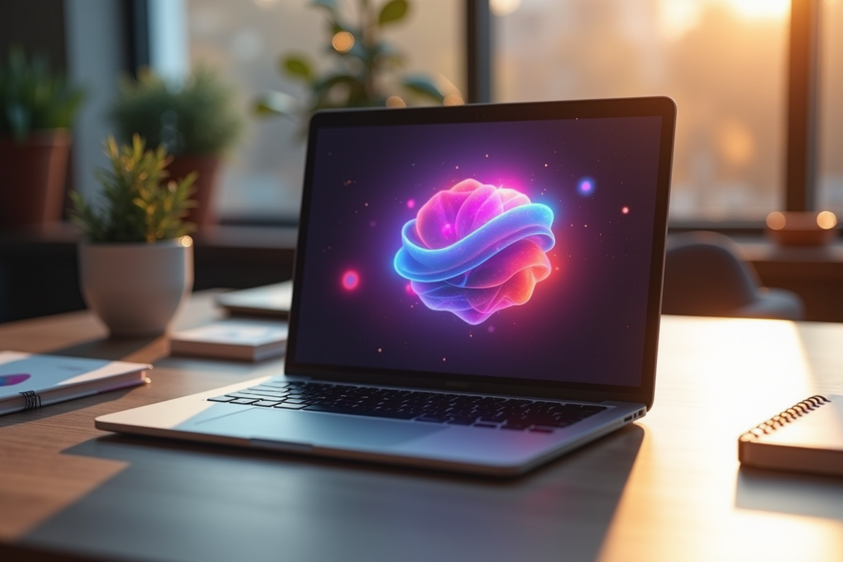 Laptop affichant un générateur de logos AI dans un espace de travail chaleureux