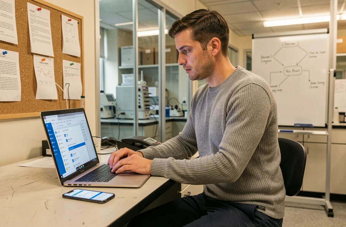 Chercheur INRAE utilisant Outlook sur laptop et webmail sur smartphone dans un laboratoire