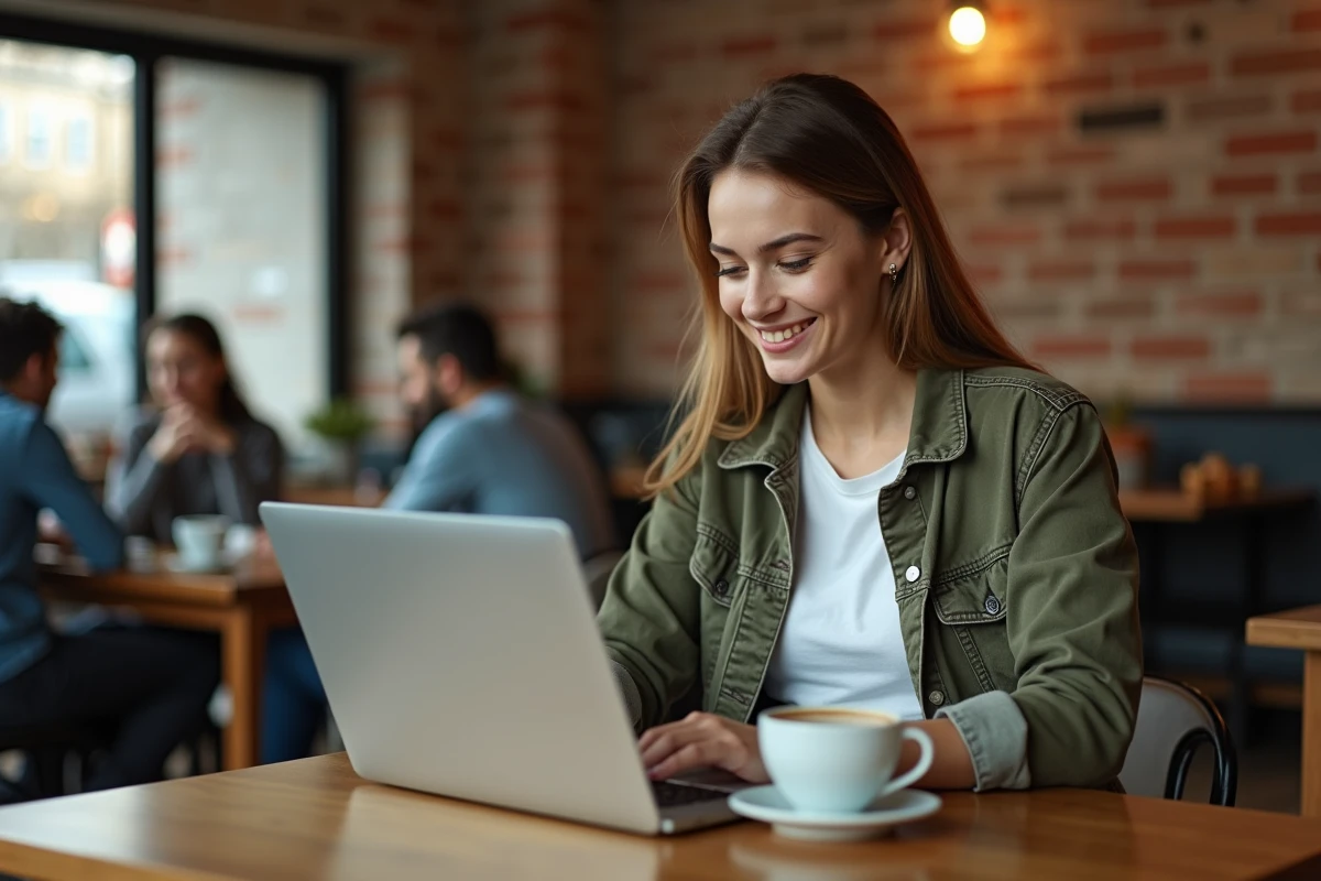 Jeune femme paramétrant son compte webmail depuis un café avec un ordinateur portable et un café posé sur la table