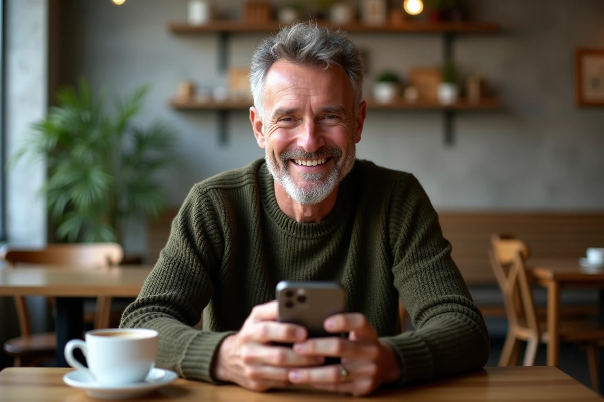 Personne partageant un fichier photo au format JFIF depuis son smartphone dans un café, illustrant le partage de fichiers image sur mobile