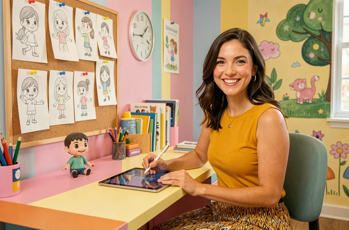 Directrice créative de Piou Piou Prod souriante à son bureau coloré décoré de croquis de personnages illustrés et de figurines dans un studio au style espiègle