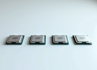 Quatre processeurs de bureau Intel en ligne sur une surface blanche