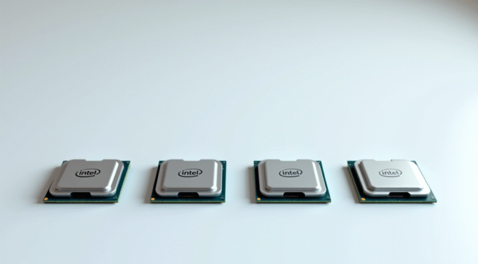 Quatre processeurs de bureau Intel en ligne sur une surface blanche