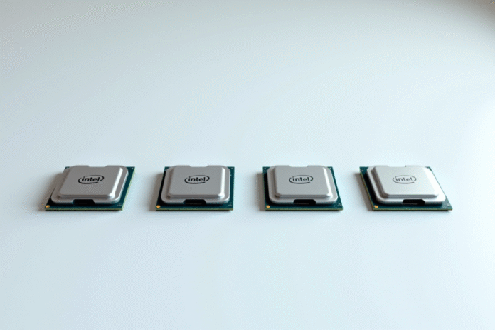 Quatre processeurs de bureau Intel en ligne sur une surface blanche