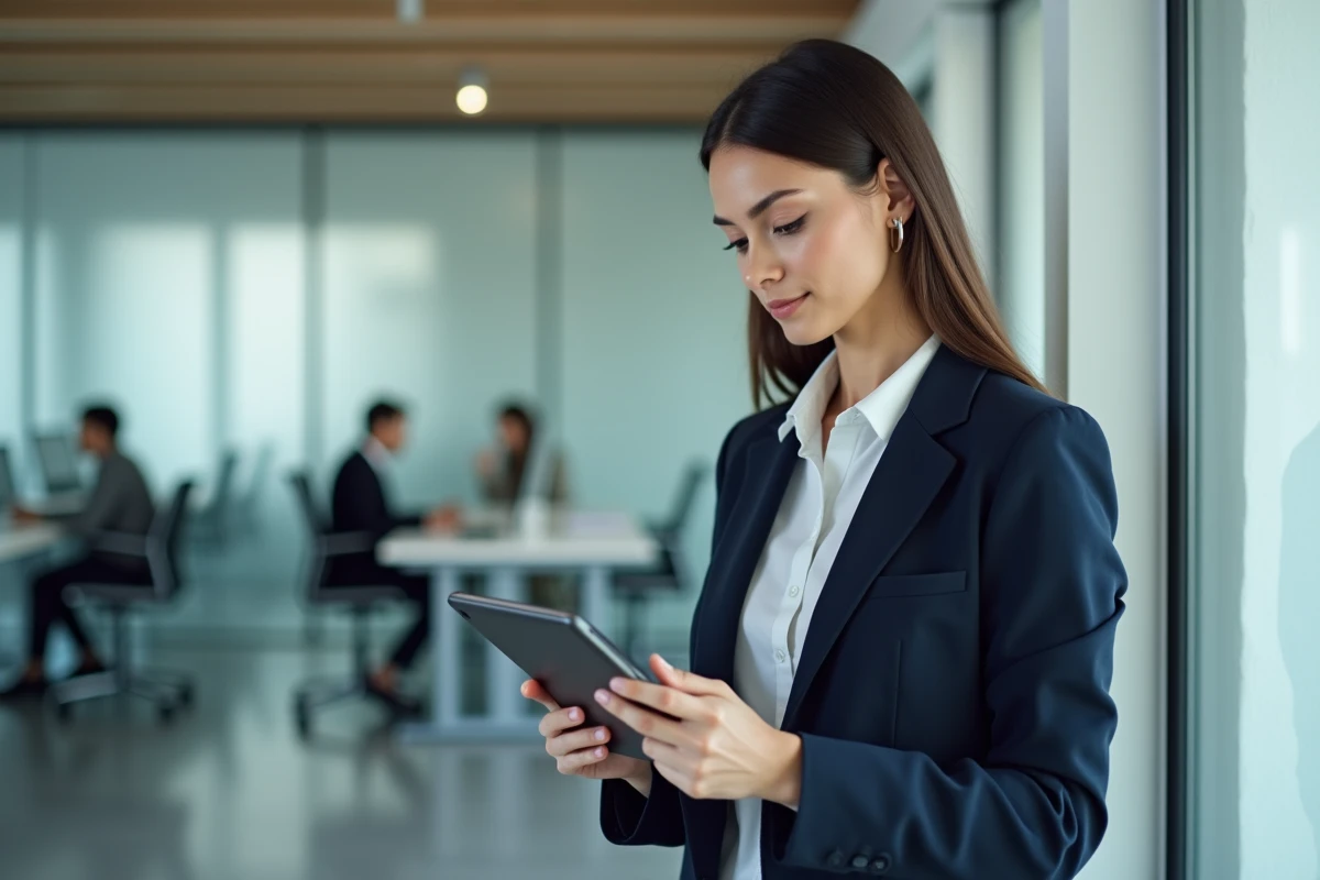 Professionnelle optimisant les paramètres d'affichage du Webmail Normandie sur tablette en open space