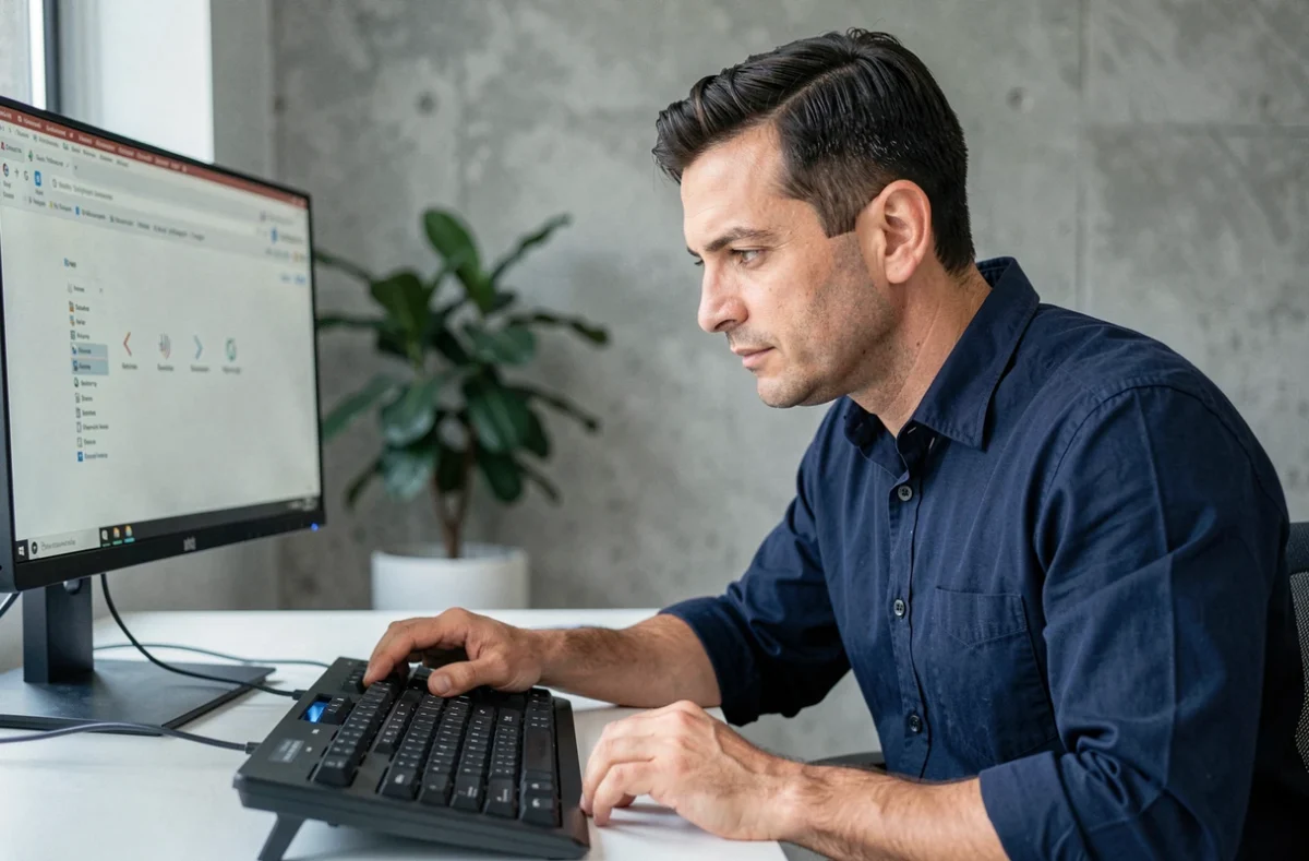 Homme utilisant les touches de raccourci clavier pour avancer dans l'historique d'un navigateur web sur un ordinateur de bureau