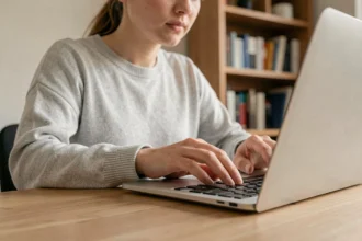 Femme utilisant un raccourci clavier sur un ordinateur portable pour naviguer en avant dans son historique de navigation