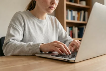 Femme utilisant un raccourci clavier sur un ordinateur portable pour naviguer en avant dans son historique de navigation