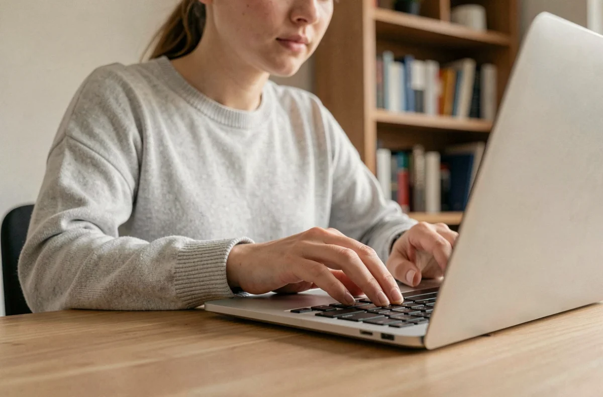 Femme utilisant un raccourci clavier sur un ordinateur portable pour naviguer en avant dans son historique de navigation