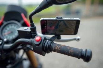 Bras RAM Mount fixé sur un guidon de moto avec support smartphone pour navigation GPS tout-terrain