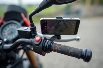 Bras RAM Mount fixé sur un guidon de moto avec support smartphone pour navigation GPS tout-terrain