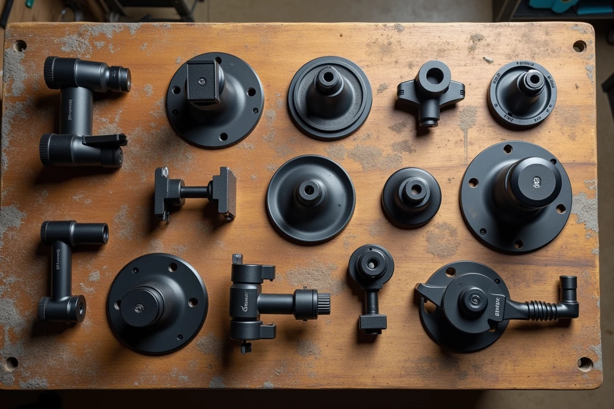 Présentation à plat d'un kit complet RAM Mount avec bras, bases et adaptateurs sur établi en bois