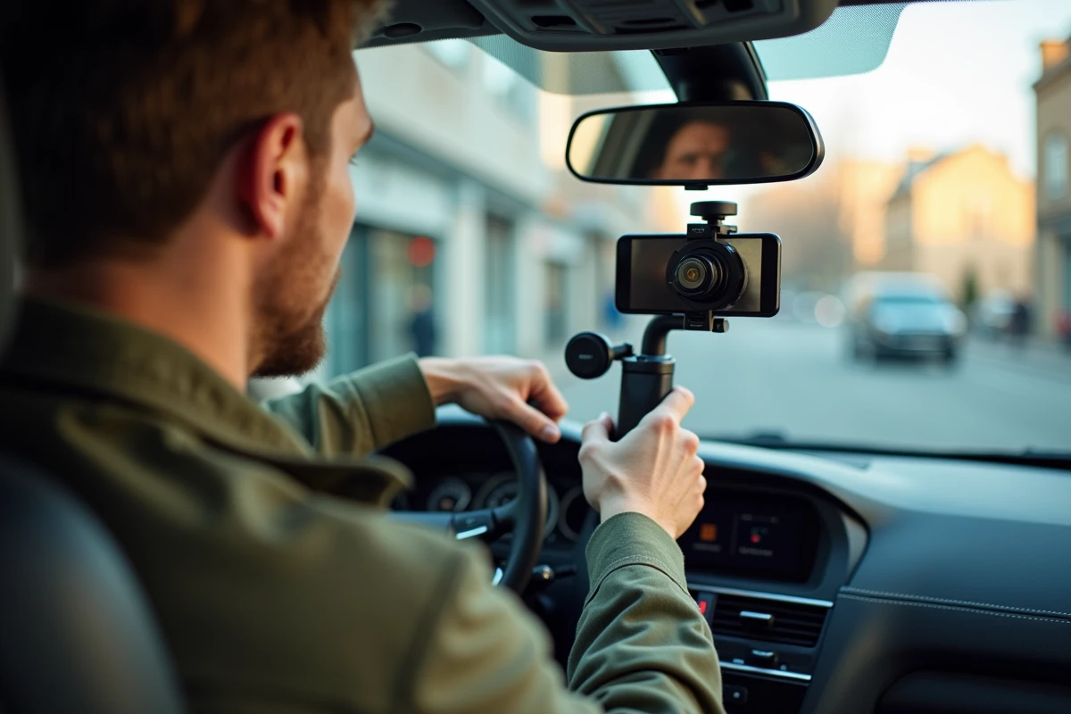 Homme réglant un bras RAM Mount avec support caméra sur ventouse tableau de bord en voiture en milieu urbain