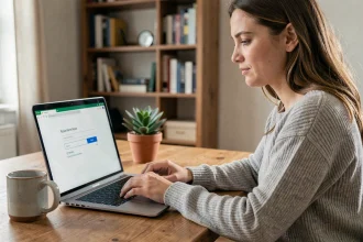 Femme récupérant son mot de passe perdu sur un formulaire en ligne depuis son bureau à domicile