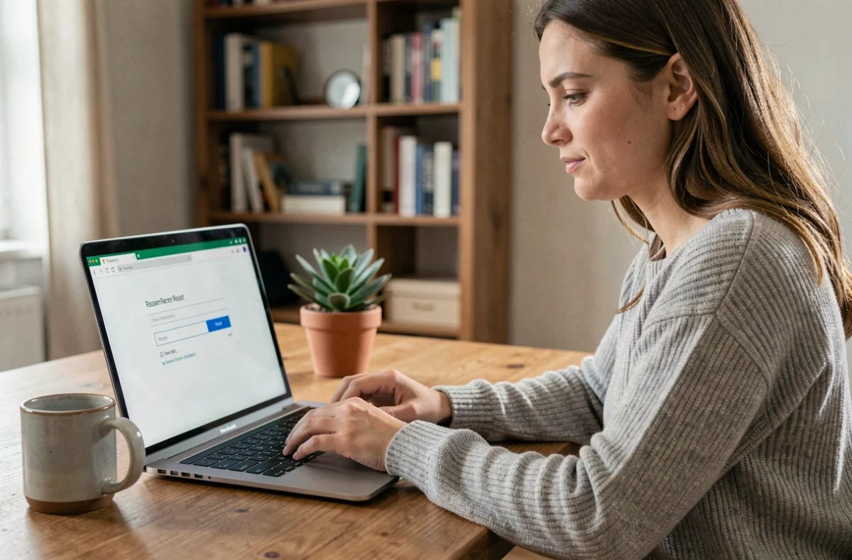 Femme récupérant son mot de passe perdu sur un formulaire en ligne depuis son bureau à domicile