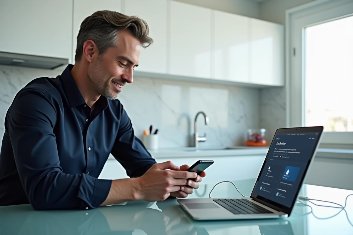 Homme connectant son iPhone à un MacBook pour récupérer des SMS sauvegardés en toute sécurité grâce à un logiciel de récupération de données