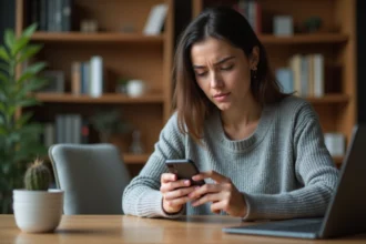 Femme consultant ses SMS sur iPhone à son bureau à domicile pour récupérer des messages supprimés en protégeant ses données privées