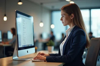 Femme professionnelle configurant les réglages de messagerie Zimbra sur un ordinateur de bureau dans un bureau moderne à Lille