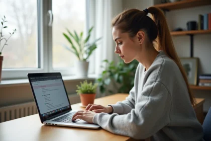 Femme configurant les réglages de messagerie webmail sur un ordinateur portable dans un bureau à domicile moderne