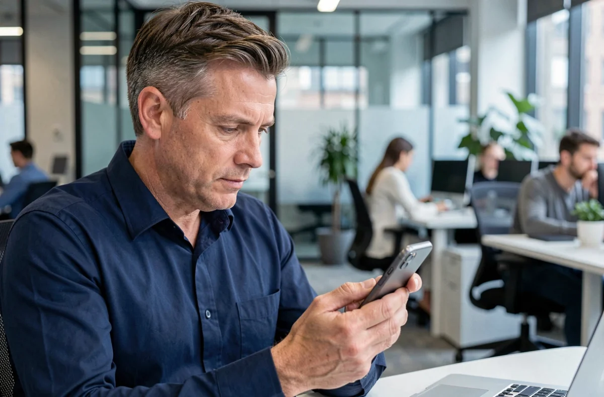Homme consultant un email de réinitialisation de mot de passe sur son smartphone au bureau