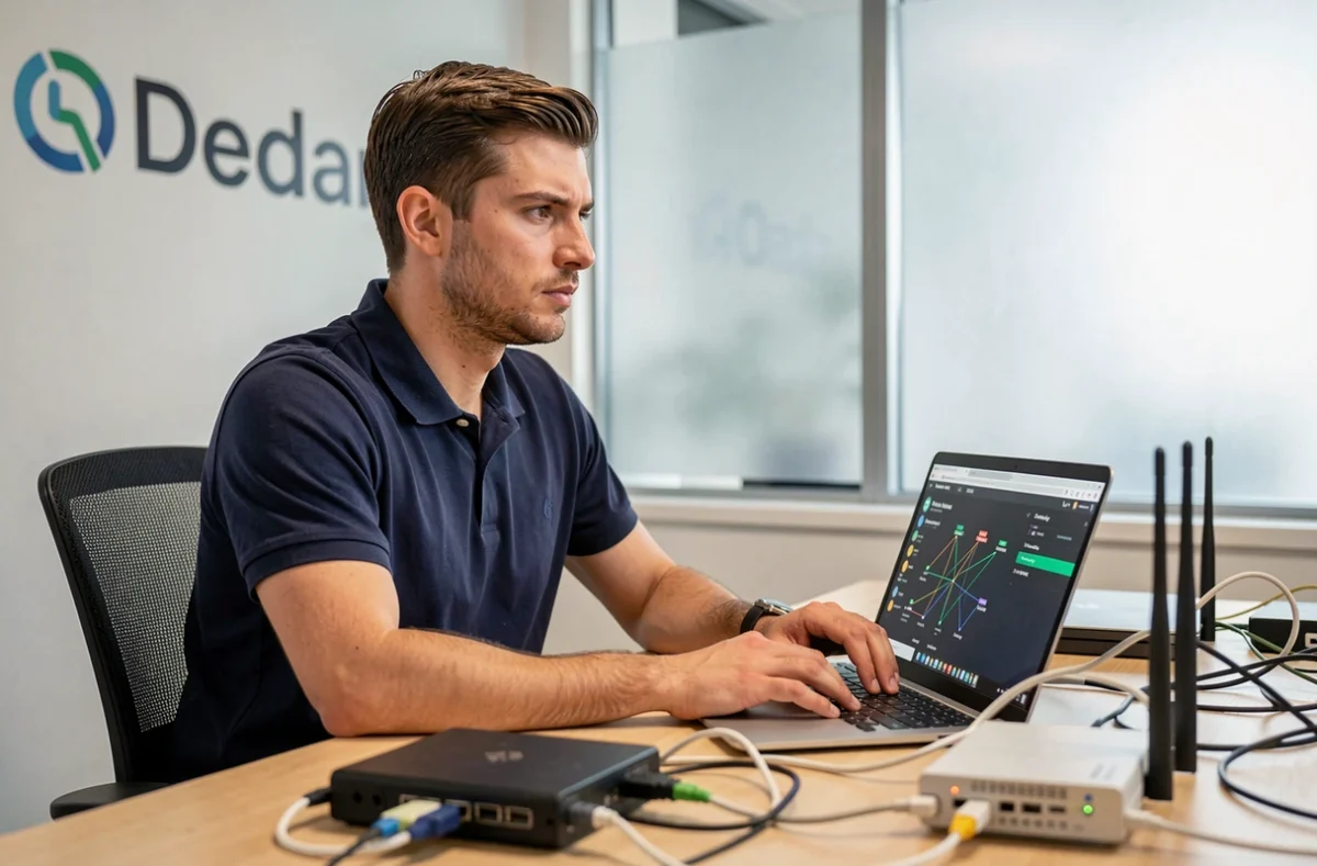 Technicien informatique Thibaut Lagarde travaillant sur la connectivité réseau pour Rester Connecté